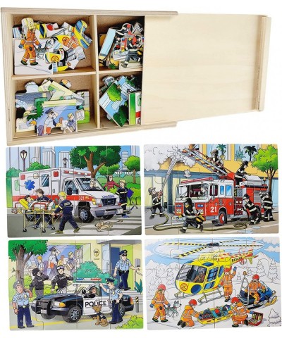 4-in-1 Emergency Vehicle Jigsaw Puzzle 48 PCs Wooden Truck Puzzle for Little Kids with a Box Fire Engine Ambulance Preschool ...