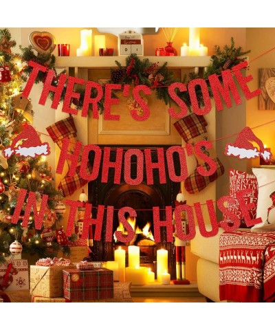 Red Glitter There's Some Ho Ho Hos In This House Banner Funny Christmas Banner Decorations Christmas Party Banner for Xmas Ho...