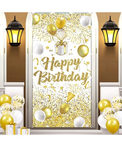 Gold White Birthday Party Decorations Banner Gold and White Happy Birthday Door Banner Large Gold White Birthday Door Cover B...