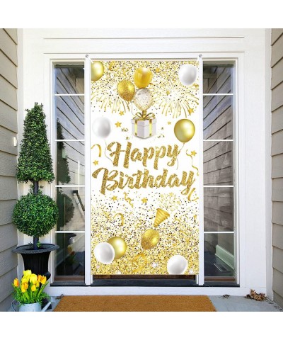 Gold White Birthday Party Decorations Banner Gold and White Happy Birthday Door Banner Large Gold White Birthday Door Cover B...