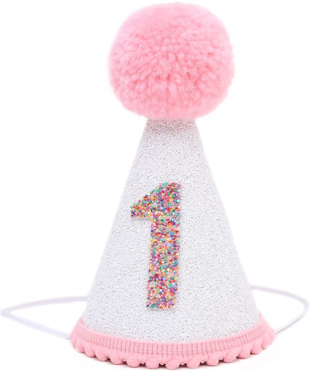 First Birthday Hat for Baby Girls - White Glitter Birthday Hat with Pink Pom Topper 1st Birthday Girl Decoration Pink Birthda...