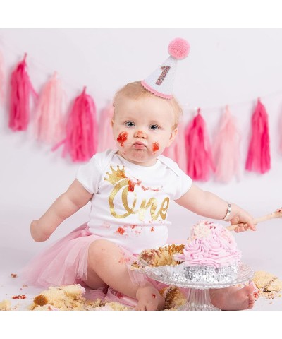 First Birthday Hat for Baby Girls - White Glitter Birthday Hat with Pink Pom Topper 1st Birthday Girl Decoration Pink Birthda...