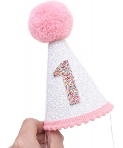 First Birthday Hat for Baby Girls - White Glitter Birthday Hat with Pink Pom Topper 1st Birthday Girl Decoration Pink Birthda...