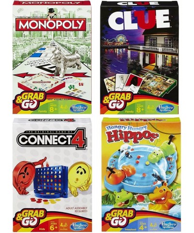 Hasbro Family Grab and Go Variety Pack Bundle: Clue Monopoly Connect 4 and Hungry Hungry Hippos Travel sized Board Games (4 I...