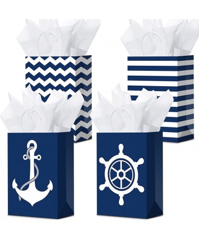 16 Set Nautical Party Paper Bags with Tissue Paper Nautical Gift Bags with Handles Nautical Candy Bags Marine Anchors Goody T...