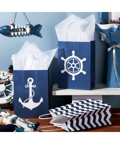 16 Set Nautical Party Paper Bags with Tissue Paper Nautical Gift Bags with Handles Nautical Candy Bags Marine Anchors Goody T...