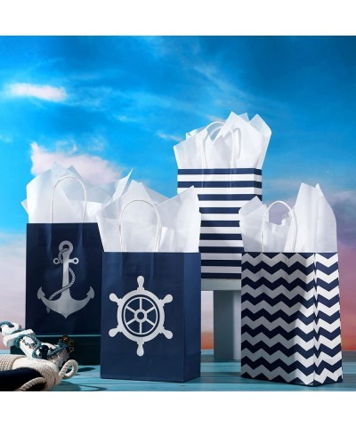 16 Set Nautical Party Paper Bags with Tissue Paper Nautical Gift Bags with Handles Nautical Candy Bags Marine Anchors Goody T...