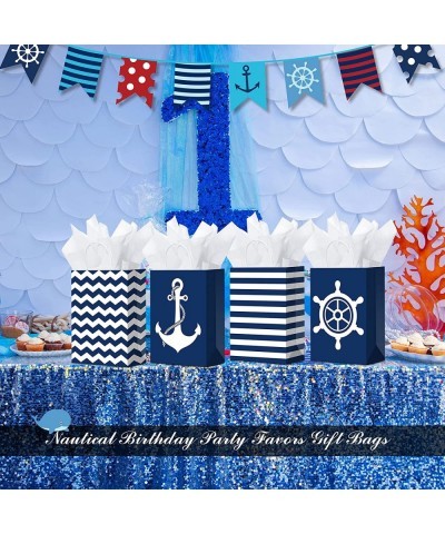 16 Set Nautical Party Paper Bags with Tissue Paper Nautical Gift Bags with Handles Nautical Candy Bags Marine Anchors Goody T...