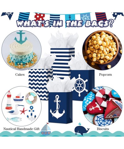 16 Set Nautical Party Paper Bags with Tissue Paper Nautical Gift Bags with Handles Nautical Candy Bags Marine Anchors Goody T...