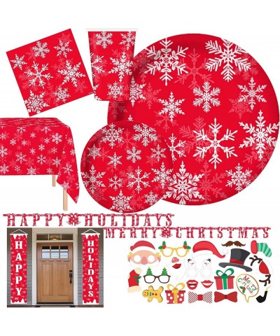 Serves 30 Complete Party Pack Holiday Merry Christmas Theme includes 30 Plates 30 Cups Napkins Table Covers 2 Banners 1 Door ...