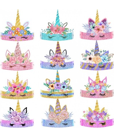 Unicorn Birthday Party Hats Unicorn Crown Unicorn Headband for Girls 12 PCS Paper Crowns Glitter Unicorn Horn Flower Ornament...