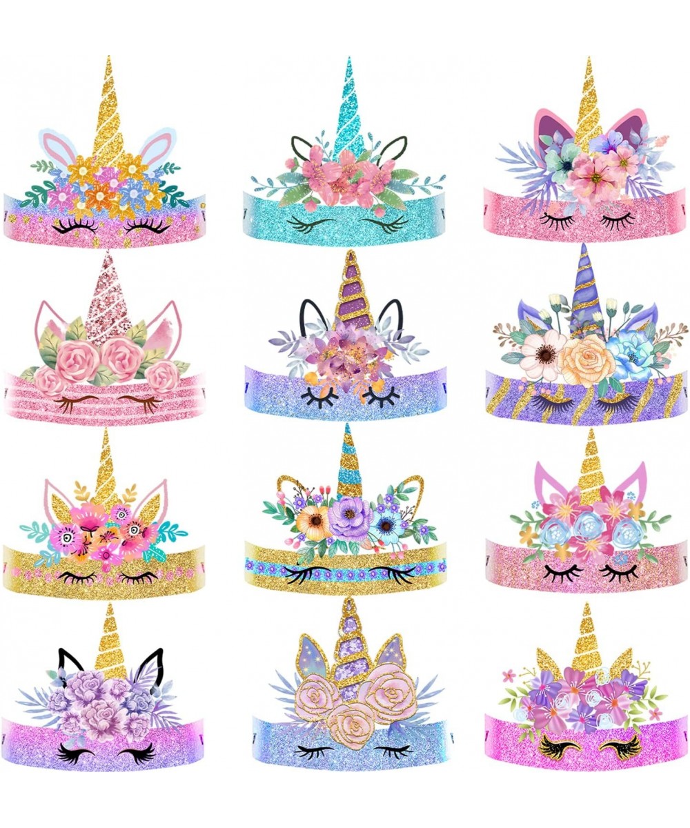 Unicorn Birthday Party Hats Unicorn Crown Unicorn Headband for Girls 12 PCS Paper Crowns Glitter Unicorn Horn Flower Ornament...