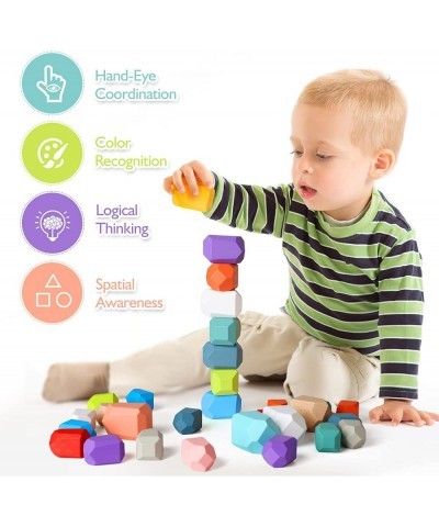 Wooden Stacking Rocks 32PCS Large Colorful Rock Blocks Wood Stacking Blocks Montessori Toys for Toddlers 3+ Year Old $33.30 E...