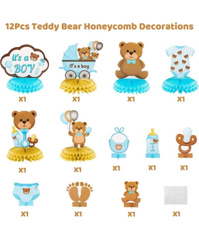 12Pcs Teddy Bear Honeycomb Centerpieces Its A Boy Baby Shower Decoration Blue Brown Teddy Bear Table Topper Decoration for Ne...