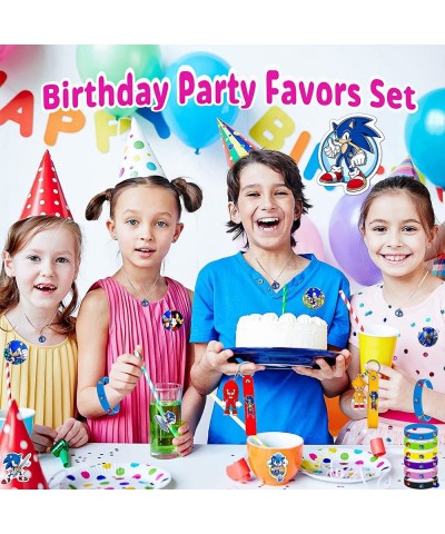 83 Pcs Sonic Party Favors Birthday Sonic Party Supplies - 3 Necklaces 6 Doll keychains 12 Bracelets 12 Brooches 50 Stickers B...