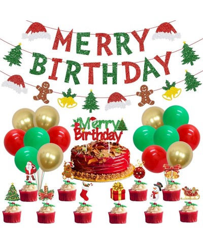 Christmas Birthday Decorations Merry Birthday Banner Red and Green Christmas Theme Garland Cake Toppers for Xmas Eve Winter H...