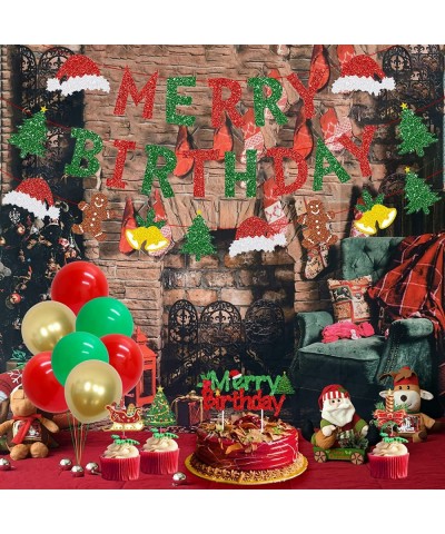 Christmas Birthday Decorations Merry Birthday Banner Red and Green Christmas Theme Garland Cake Toppers for Xmas Eve Winter H...