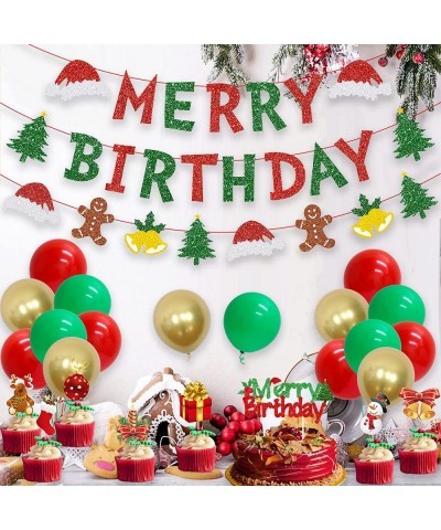 Christmas Birthday Decorations Merry Birthday Banner Red and Green Christmas Theme Garland Cake Toppers for Xmas Eve Winter H...