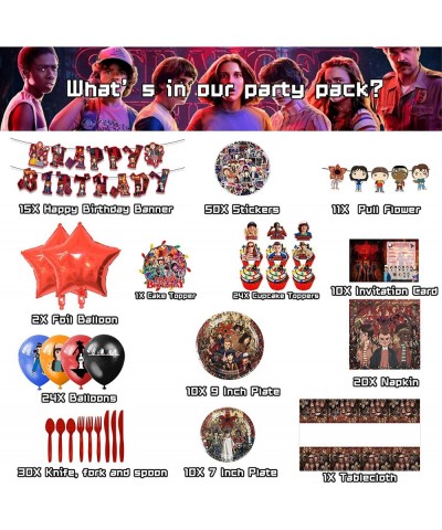 194Pcs Stranger Movie Party Supplies Decorations Include Banners Tablecloth Balloons Plates Cake Toppers Cupcake Toppers Napk...