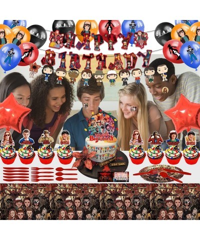 194Pcs Stranger Movie Party Supplies Decorations Include Banners Tablecloth Balloons Plates Cake Toppers Cupcake Toppers Napk...