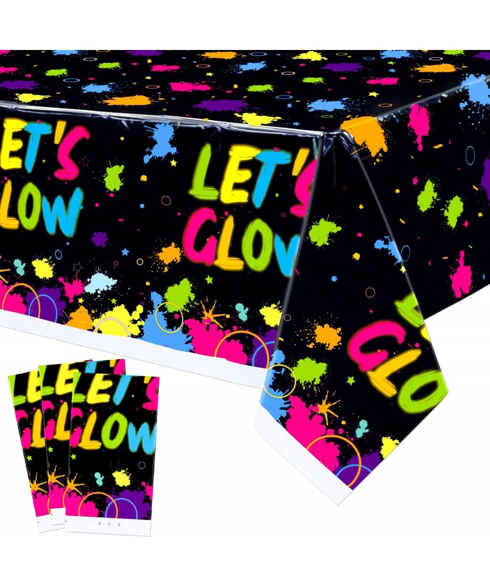 3 Pack Glow Neon Party Tablecloths Supplies - Let's Glow Plastic Birthday Table Cover Neon Rectangle All Over Print Table Clo...