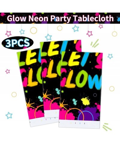 3 Pack Glow Neon Party Tablecloths Supplies - Let's Glow Plastic Birthday Table Cover Neon Rectangle All Over Print Table Clo...