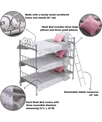 Metal Triple Doll Bunk Bed with Ladder and Bedding for 18 inch Dolls- Silver/Pink/Stars $58.79 Doll Accessories