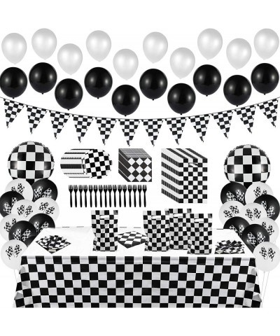 127Pack Race Car Checkered Party Supplies Decoration Kit Including Banner Pennant Balloons Tablecloth Tableware Goodies Gift ...