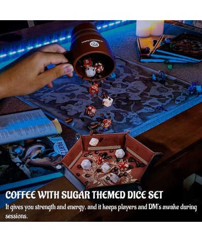 DND Coffee & Sugar Themed Dice Set (14 PCS) with +3 Stamina Potion Silicone Mug for Storage 7 Acrylic Resin Polyhedral Gaming...