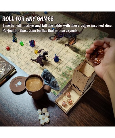 DND Coffee & Sugar Themed Dice Set (14 PCS) with +3 Stamina Potion Silicone Mug for Storage 7 Acrylic Resin Polyhedral Gaming...