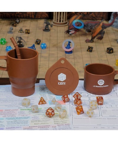 DND Coffee & Sugar Themed Dice Set (14 PCS) with +3 Stamina Potion Silicone Mug for Storage 7 Acrylic Resin Polyhedral Gaming...