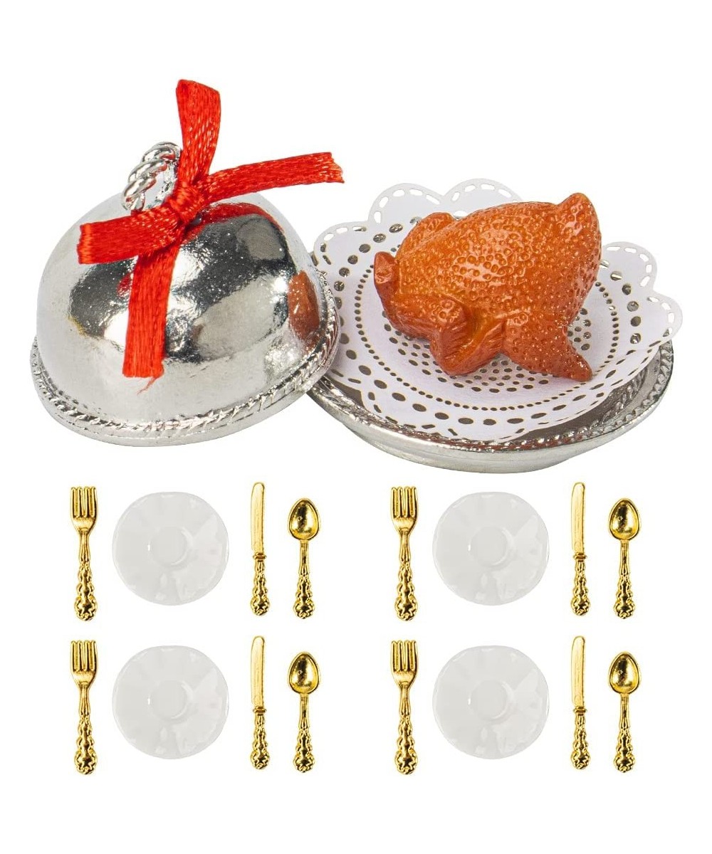 1：12 Dollhouse Miniature Thanksgiving Roast Turkey Set Mini Turkey Tray with Bow Round Cover Mini Kitchen Accessories for Chr...