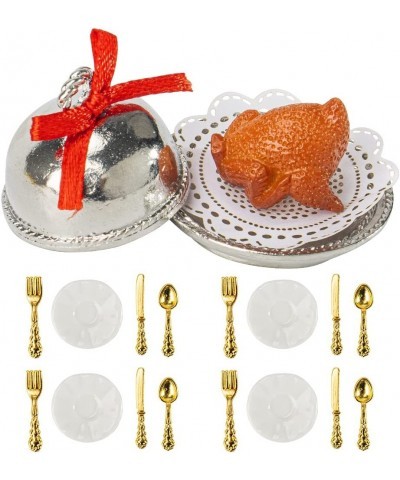 1：12 Dollhouse Miniature Thanksgiving Roast Turkey Set Mini Turkey Tray with Bow Round Cover Mini Kitchen Accessories for Chr...