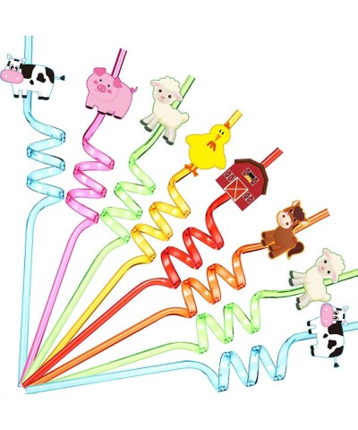 24 Pieces Farm Animal Birthday Party Supplies Reusable Farm Animal Plastic Straws with Chicken Sheep Horse Cow Pig House for ...