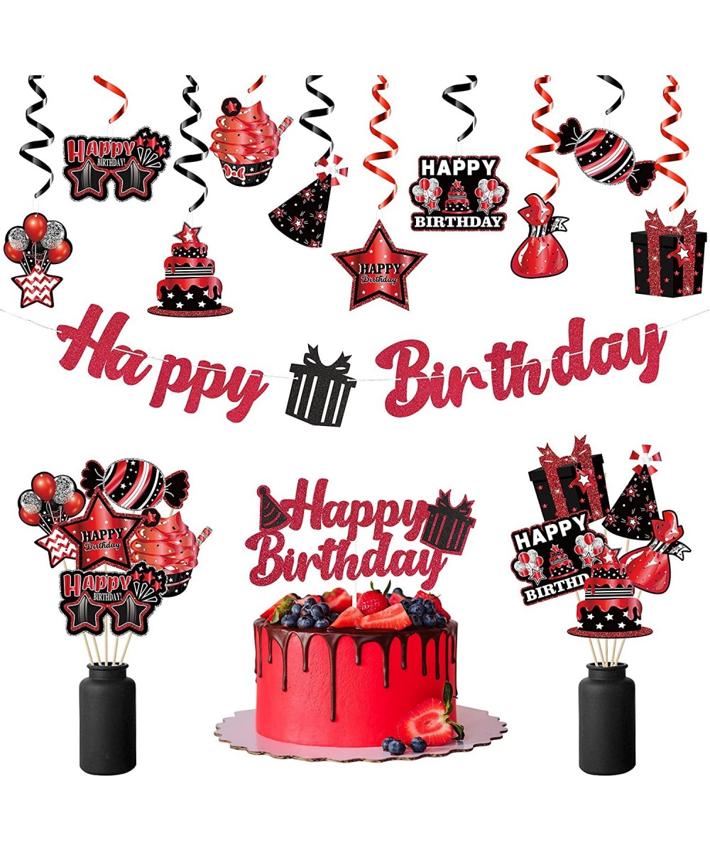 42Pcs Birthday Party Decoration Kit Red and Black Happy Birthday Banner Hanging Swirls Cake Topper Table Centerpiece Stick fo...