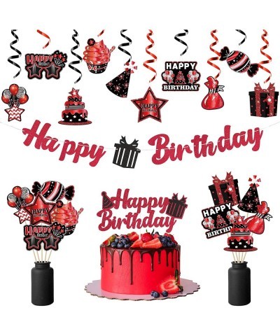 42Pcs Birthday Party Decoration Kit Red and Black Happy Birthday Banner Hanging Swirls Cake Topper Table Centerpiece Stick fo...