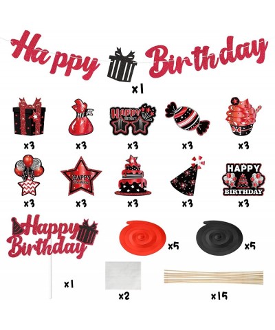 42Pcs Birthday Party Decoration Kit Red and Black Happy Birthday Banner Hanging Swirls Cake Topper Table Centerpiece Stick fo...