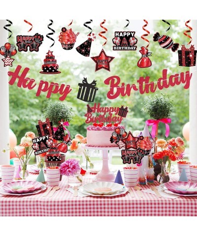 42Pcs Birthday Party Decoration Kit Red and Black Happy Birthday Banner Hanging Swirls Cake Topper Table Centerpiece Stick fo...