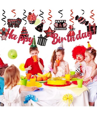 42Pcs Birthday Party Decoration Kit Red and Black Happy Birthday Banner Hanging Swirls Cake Topper Table Centerpiece Stick fo...