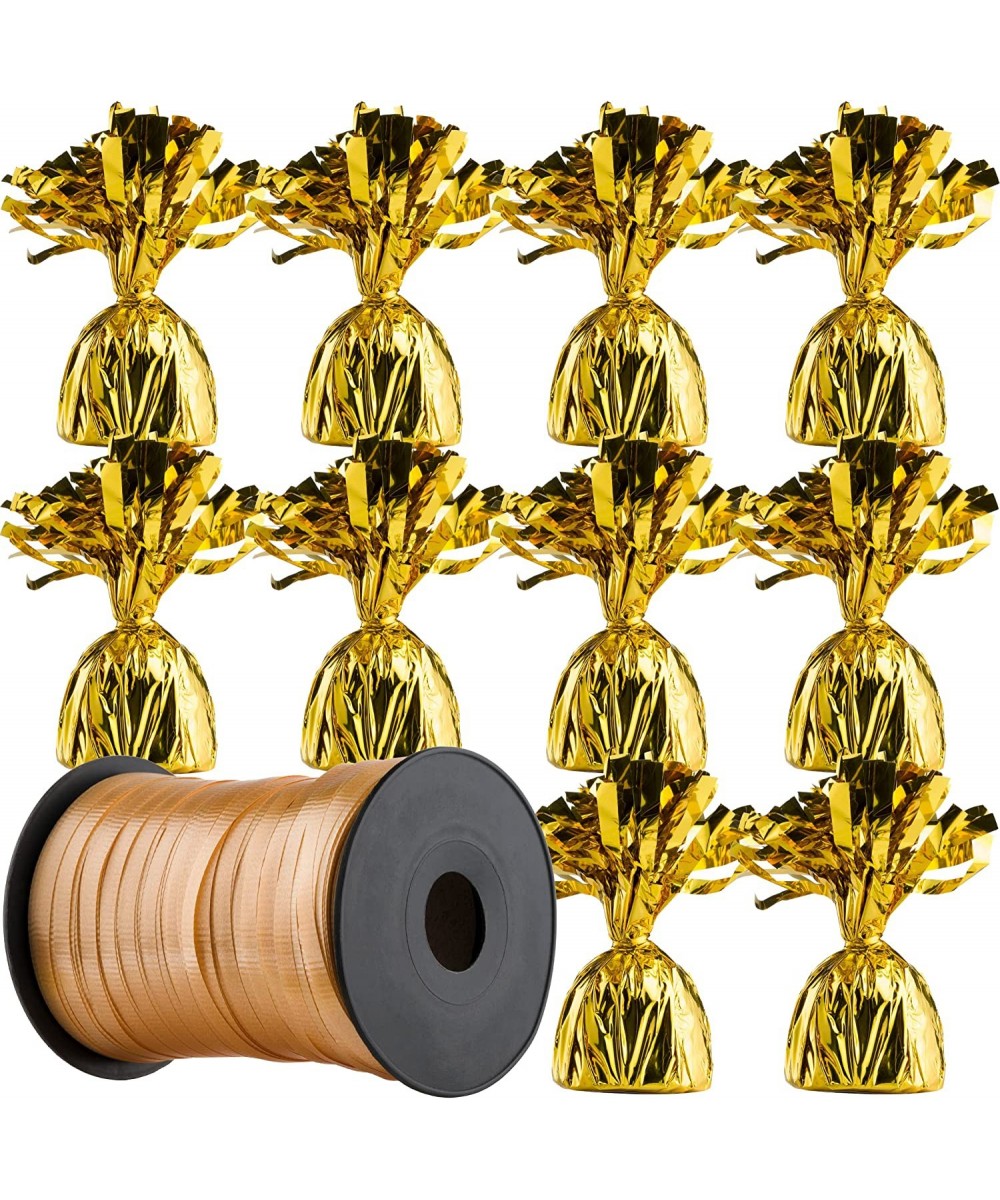 (12) - 5.5" Gold Balloon Weights and (1) Gold Curling Ribbon Roll (500-Yards) - Metallic Wrapped Foil Balloon Weights Anchor ...