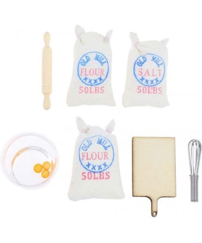 7 Pcs 1:12 Dollhouse Miniature Flour Salt Bags Eggbeater Rolling Pin Simulation Cutting Board Model Baking Set Food Baking Sc...