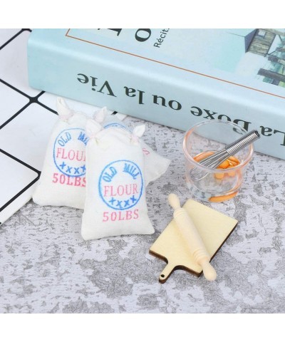 7 Pcs 1:12 Dollhouse Miniature Flour Salt Bags Eggbeater Rolling Pin Simulation Cutting Board Model Baking Set Food Baking Sc...