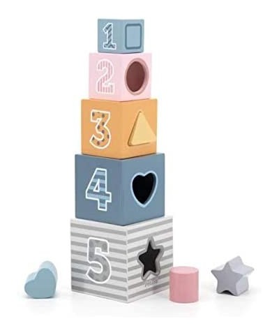 Geometric Wooden Boxes | Blocks Stacker Stacking & Nesting Educational Tower with Shapes Pictures of Animals and Numbers for ...