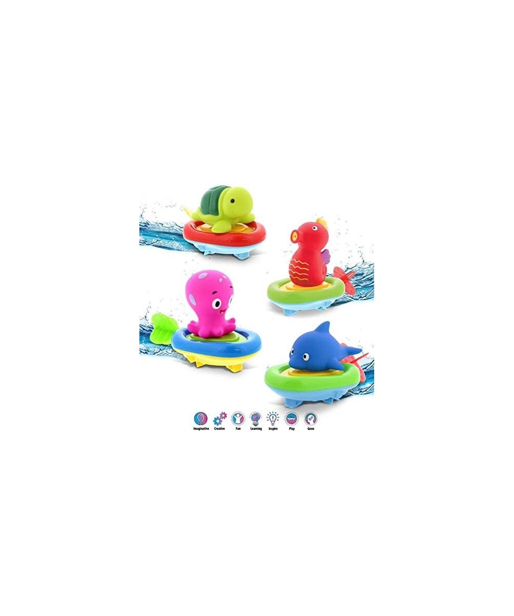 Sea Life Boat Racers Bundle Set of 4 - 3-in-1 Bath Toy Pull & Go Floating Water & Floor Racing & Finger Puppet for Pool Batht...