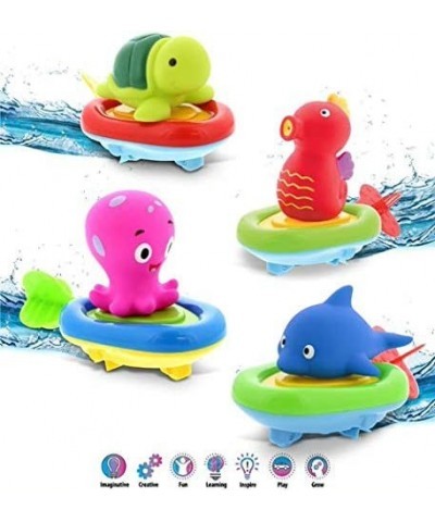 Sea Life Boat Racers Bundle Set of 4 - 3-in-1 Bath Toy Pull & Go Floating Water & Floor Racing & Finger Puppet for Pool Batht...