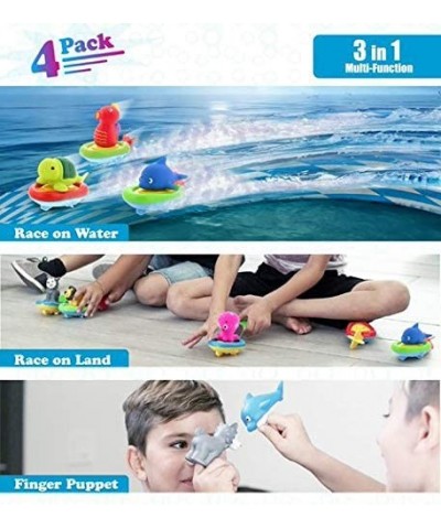 Sea Life Boat Racers Bundle Set of 4 - 3-in-1 Bath Toy Pull & Go Floating Water & Floor Racing & Finger Puppet for Pool Batht...