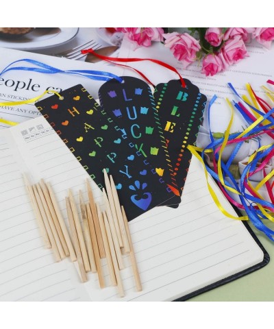 75 Sets Scratch Bookmarks Paper Scratch Rainbow Paper DIY Gift Tags with Colorful Rope and Wood Stylus for Party and Craft Su...