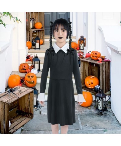 Halloween Wednesday Addams Family Costume for Girls Kids Peter Pan Collar Black Dress Up Outfit for Child $20.29 Kids' Costumes