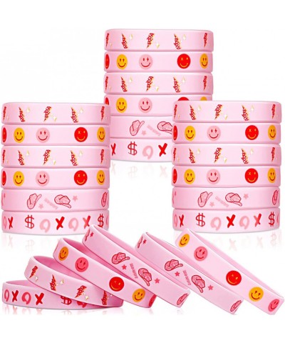 32 Pcs Preppy Silicone Wristband Hot Pink Custom Silicone Bracelets Smile Face Lighting Pink Wristbands for Women Girls Stude...