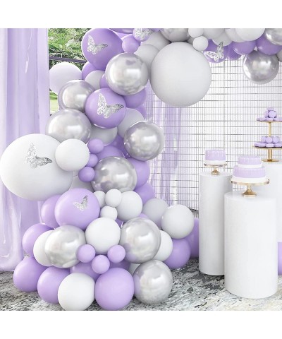 Purple Balloon Garland Kit 140 Pcs Lavender White Silver Balloon Arch Butterfly Stickers 12Pcs for Birthday Bridal Shower Pur...